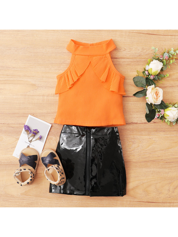 【12M-5Y】Girls Pit Strip Sleeveless Top And Small Leather Skirt Two-piece Suit