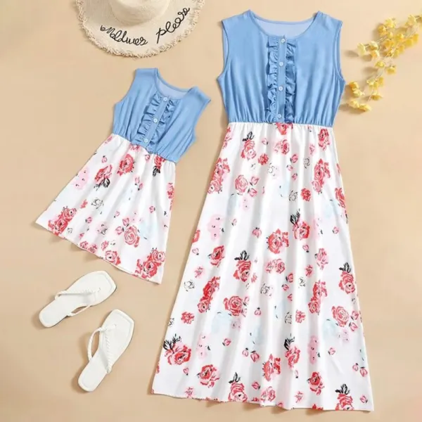 Sweet Denim Flower Stitching Sleeveless Mom Girl Matching Dress - Popopiestyle.com 