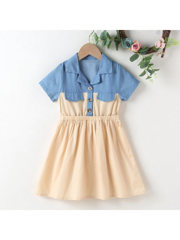 【18M-7Y】Girls Fashion Lapel Color-blocking Short-sleeved Dress