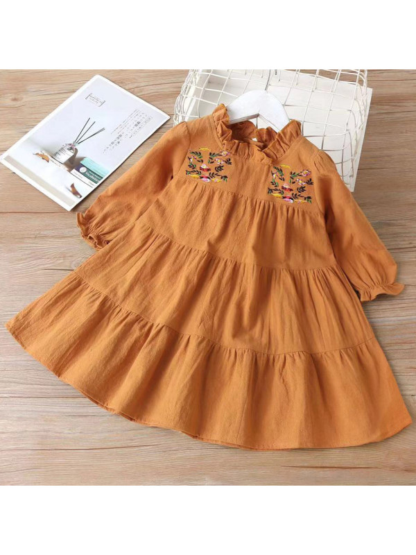 【18M-7Y】Sweet Flower Embroidery Long-sleeved Brown Dress