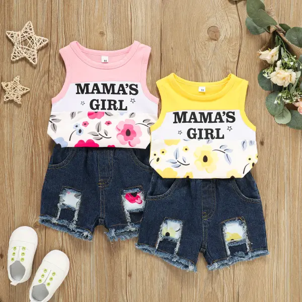 【12M-4Y】Girls Casual Letter Print Round Neck Vest Denim Shorts Suit - Popopiestyle.com 