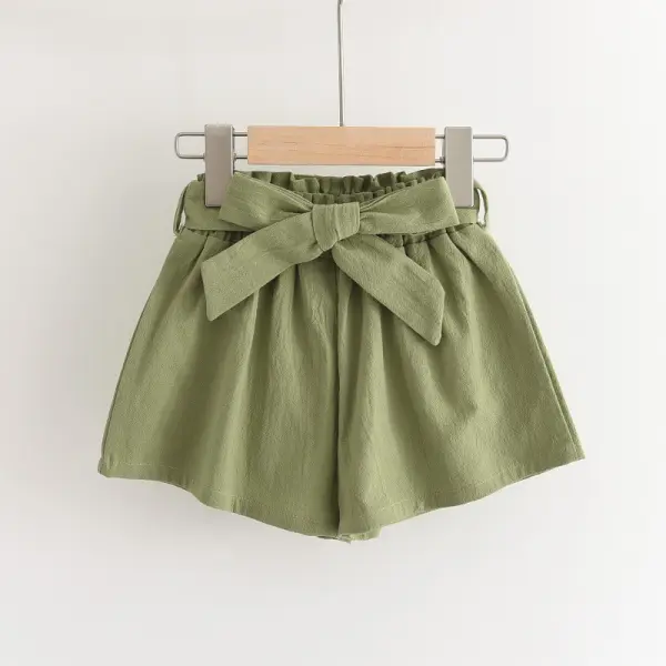 【2Y-9Y】Girls Solid Color Bow Belt Shorts - Popopiestyle.com 