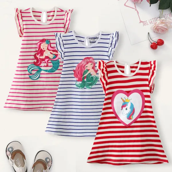 【18M-7Y】Girl Sweet Striped Cartoon Pattern Short Sleeve Dress - Popopiestyle.com 