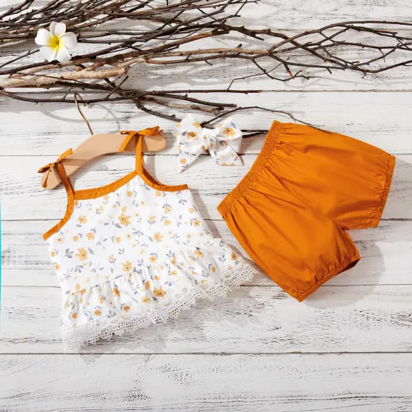 【6M-4Y】Toddler Girl Sleeveless Double Shoulder Strap Printed Top With Elastic Waist Bandana Shorts Three-piece Suit - Popopiestyle.com 