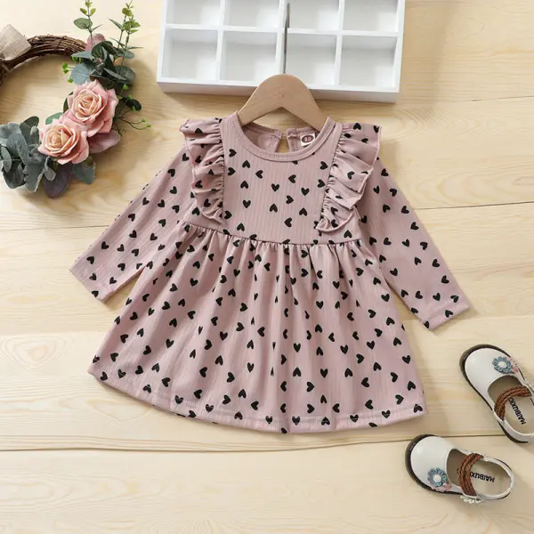 【12M-5Y】Girls Round Neck Love Flying Sleeve Long Sleeve Dress - Popopiestyle.com 