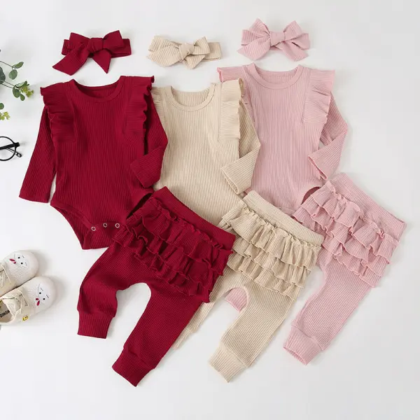 【6M-3Y】Girls Round Neck Solid Color Long-sleeved Plus Trousers Three-piece Suit - Popopiestyle.com 