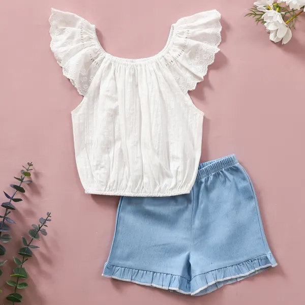 【6M-24M】Sweet Embroidered White Top and Blue Denim Shorts Set - Popopiestyle.com 