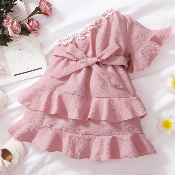 【3M-3Y】Sweet Flowers One-shoulder Pink Dress - Popopiestyle.com 