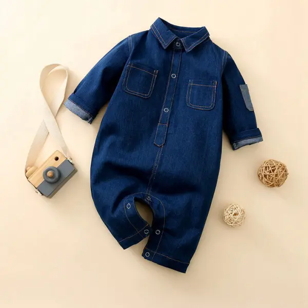 【6M-3Y】Boys' Solid Color Lapel Denim One-piece Romper - Popopiestyle.com 