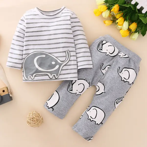 【6M-3Y】Two-piece Suit Of Gray Striped Cartoon Print Long-sleeved Plus Trousers For Baby Boys - Popopiestyle.com 