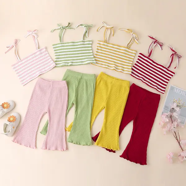 【6M-3Y】Girls' Striped Bell Bottom Suspenders Suit - Popopiestyle.com 