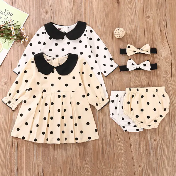 【6M-3Y】Girls Doll Collar Polka Dot Long Sleeve Dress Three-piece Set - Popopiestyle.com 