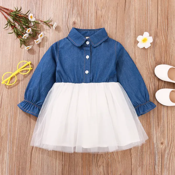 【12M-4Y】Girls Lapel Denim Long Sleeve Mesh Dress - Popopiestyle.com 