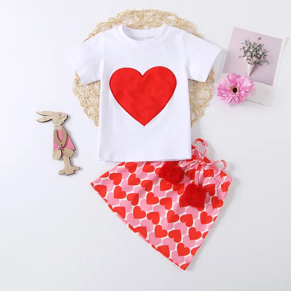 【18M-7Y】Girls Casual Cute Heart-shaped Short-sleeved T-shirt Skirt - Popopiestyle.com 