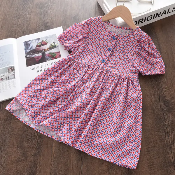 【18M-9Y】Girls Round Neck Geometric Short-sleeved Dress - Popopiestyle.com 