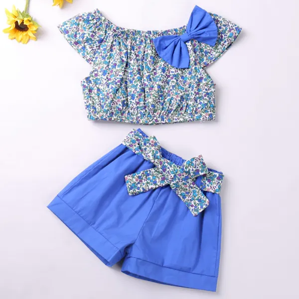 【18M-7Y】Girl Sweet Blue Floral Top Shorts Set - Popopiestyle.com 