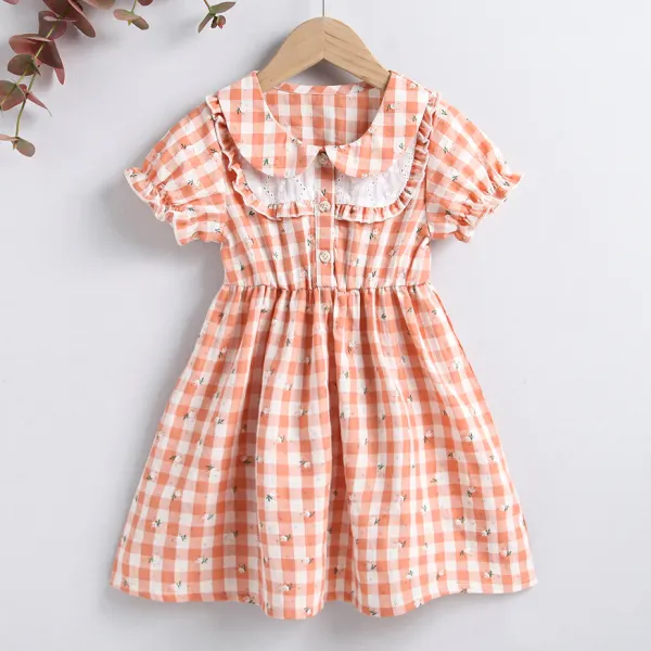 【18M-7Y】Sweet Plaid and Flower Printed Dress - Popopiestyle.com 