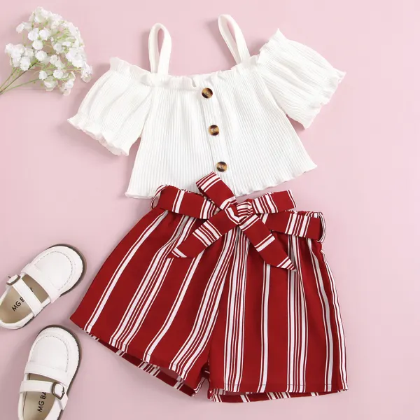 【18M-7Y】Sweet Off The Shoulder White Top and Red Striped Shorts Set - Popopiestyle.com 