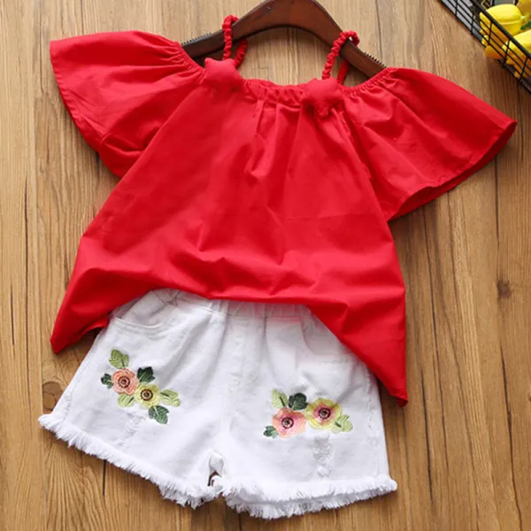 【18M-7Y】Girls Sweet Off Shoulder Top Shorts Set - Popopiestyle.com 