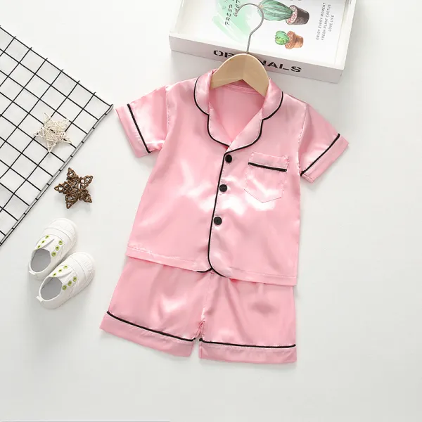 【12M-4Y】Girls' Lapel Solid Color Short-sleeved Shorts Home Service Two-piece Suit - Popopiestyle.com 