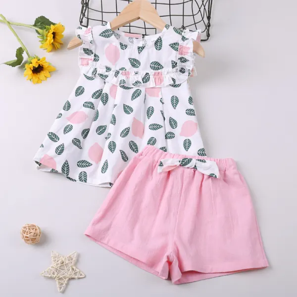 【18M-7Y】Girls Leaf Print Sleeveless Top and Shorts Two-Piece Set - Popopiestyle.com 