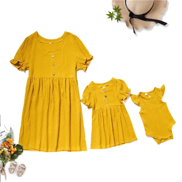 Round Neck Short Sleeve Yellow Mom Girl Matching Dress - Popopiestyle.com 