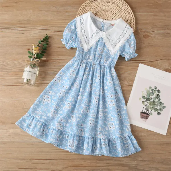 【3Y-13Y】Girls Short-sleeved Lace Stitching Dress - Popopiestyle.com 