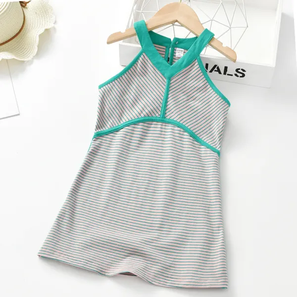 【2Y-9Y】Girl Sweet Green Striped Sleeveless Dress - Popopiestyle.com 