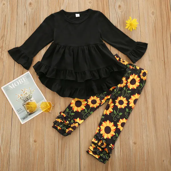 【18M-7Y】Girls Black Blouse and Printed Pants Two-piece Set - Popopiestyle.com 