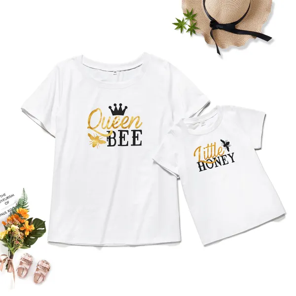 Round Neck Short Sleeve Letter Print Mom Girl Matching T-shirt - Popopiestyle.com 