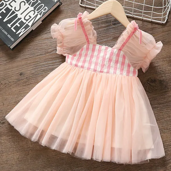 【12M-5Y】Girls Sweet Pink Plaid Mesh Dress - Popopiestyle.com 