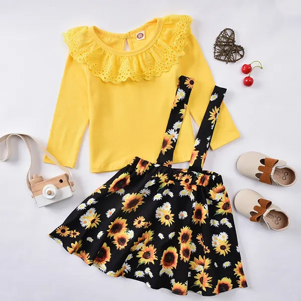 【18M-7Y】Girls Lace Round Neck Long Sleeve Print Sunflower Strap Dress Set - Popopiestyle.com 