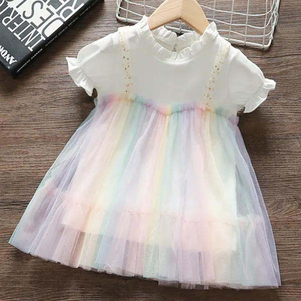 【12M-5Y】Girls Sweet Color Mesh Short Sleeve Dress - Popopiestyle.com 