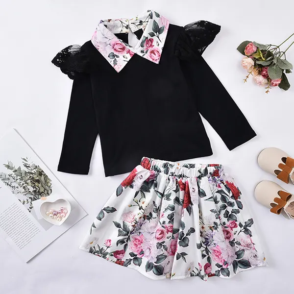 【18M-7Y】Girls' Lace Flying Sleeve Lapel Top Printed Skirt Set - Popopiestyle.com 