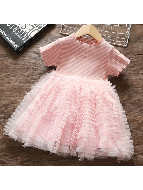 【12M-4Y】Girls Sweet Pink Striped Mesh Dress