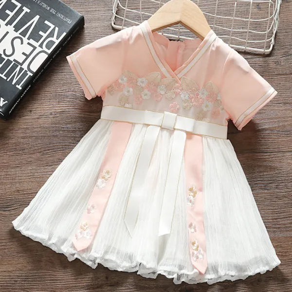 【12M-4Y】Girls Sweet Pink Applique Short Sleeve Dress - Popopiestyle.com 