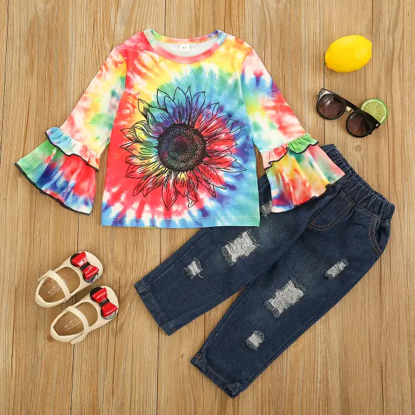 【12M-5Y】Girls Tie-Dye Printed Round Neck Top Jeans Two-Piece Suit - Popopiestyle.com 