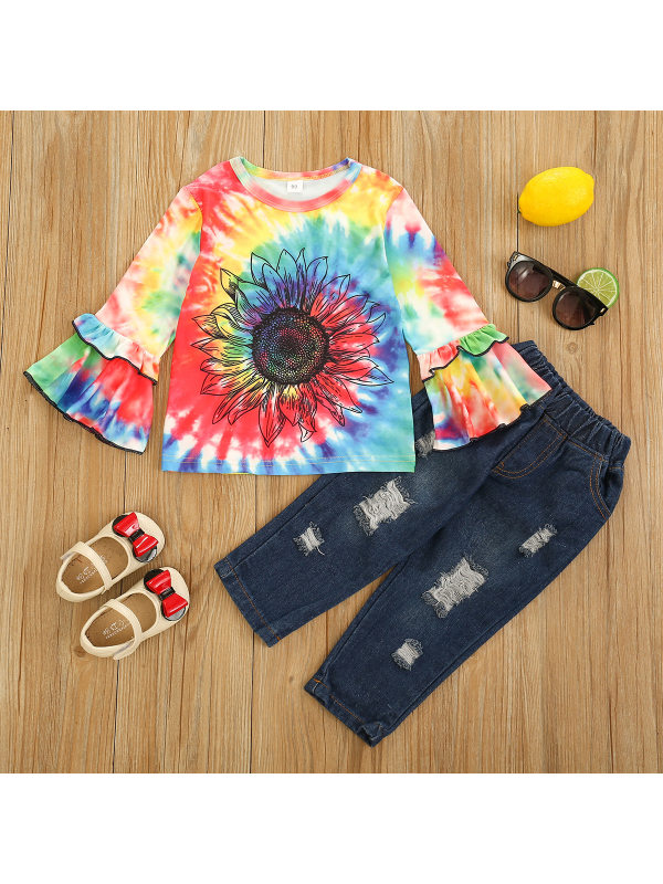 【12M-5Y】Girls Tie-Dye Printed Round Neck Top Jeans Two-Piece Suit