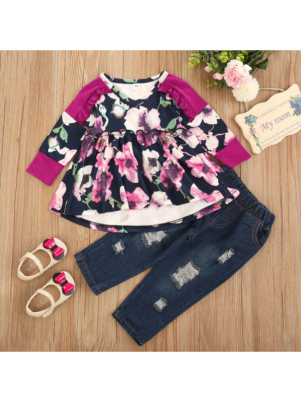 【12M-5Y】Girls Denim Trousers and Purple Printed Top Two-piece Suit