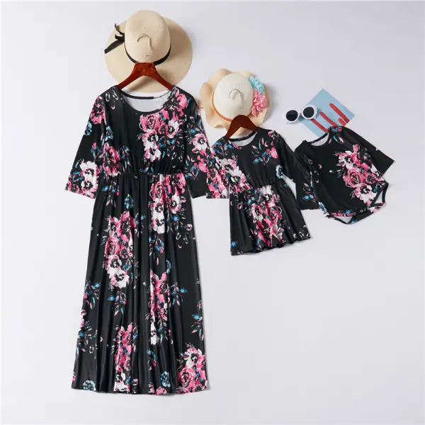 Round Neck Sleeves Floral Print Mother Girl Matching Dress - Popopiestyle.com 