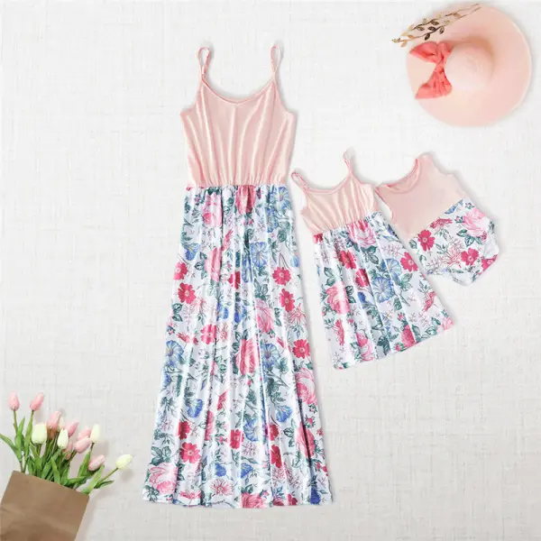 Round Neck Sleeveless Floral Print Suspenders Mother Girl Matching Dress - Popopiestyle.com 