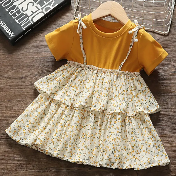 【12M-4Y】Girl Sweet Yellow Floral Short Sleeve Dress - Popopiestyle.com 