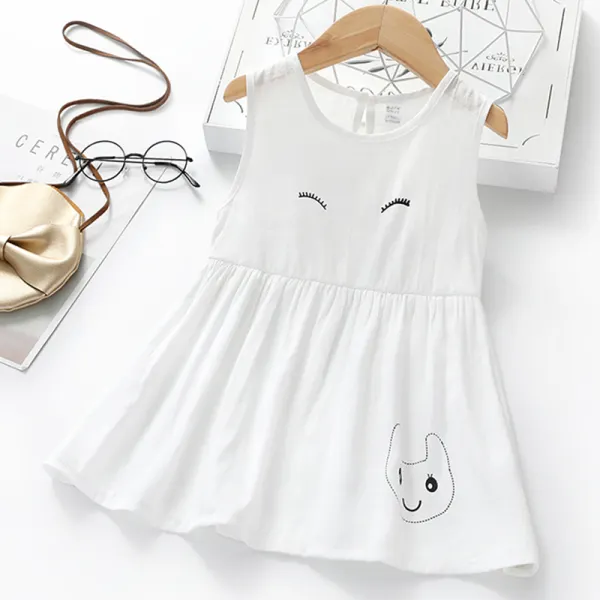 【18M-7Y】Girl Sweet White Cartoon Print Sleeveless Dress - Popopiestyle.com 