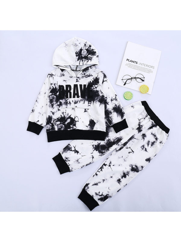 【18M-7Y】Boys Tie-dye Hooded Letter Print Long-sleeved Sweater And Trousers Casual Suit