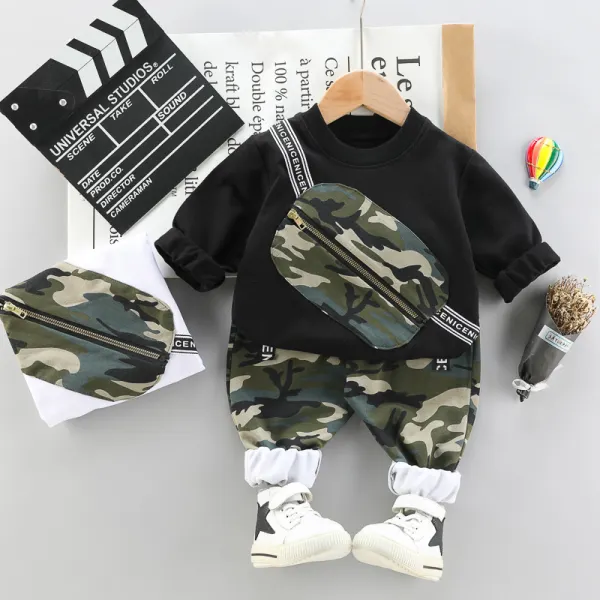 【12M-9Y】Boy's Camouflaged Bag Webbing Long-Sleeved Trousers Suit - Popopiestyle.com 