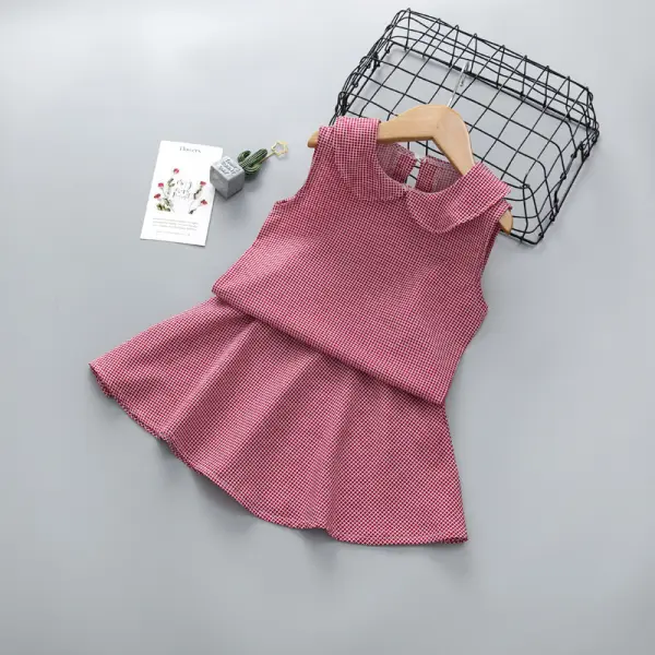 【2Y-7Y】Girls Chiffon Sleeveless Doll Collar Top Plaid Skirt Set - Popopiestyle.com 