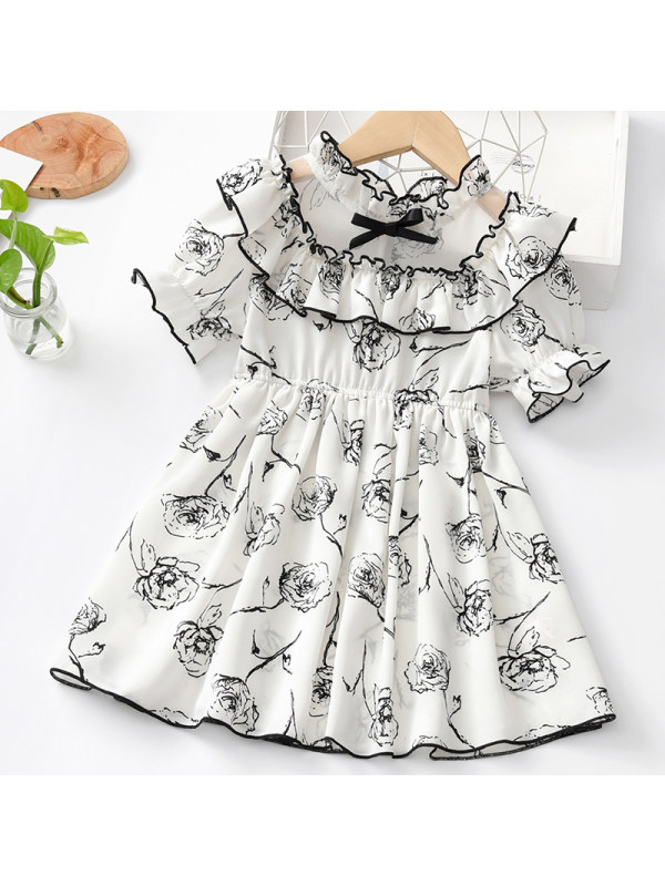 【18M-7Y】Girl Sweet White Chiffon Floral Short Sleeve Dress