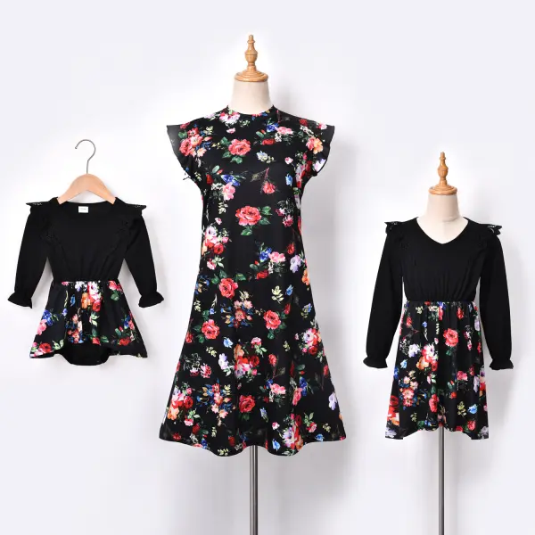 Round Neck Flower Print Mom Girl Matching Dress - Popopiestyle.com 