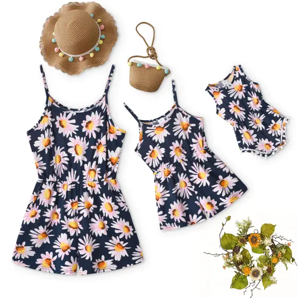 Round Neck Flower Print Suspender Mom Girl Matching Jumpsuit - Popopiestyle.com 