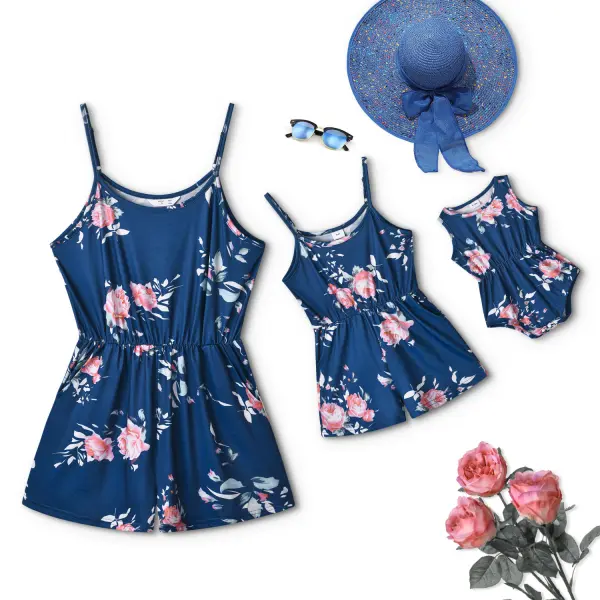 Round Neck Flower Print Suspender Mom Girl Matching Jumpsuit - Popopiestyle.com 